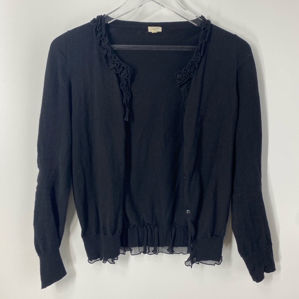 JCrew black cardigan sweater with ruffles size small.